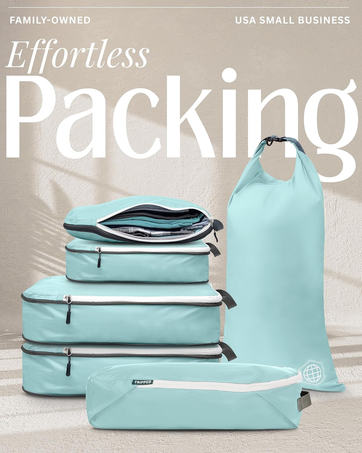Compression Packing Cubes Set - 6-Piece Lightweight Organizers for Travel, Ideal for Carry-On Luggage and Backpacks (Dusty Teal/White)