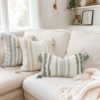 Summer Decorative Boho Throw Pillow Cover 12X20, Lumbar Accent Neutral Textured Tufted Pillow Cover Striped for Couch Bed Sofa, Green and Cream White, Pack of 1