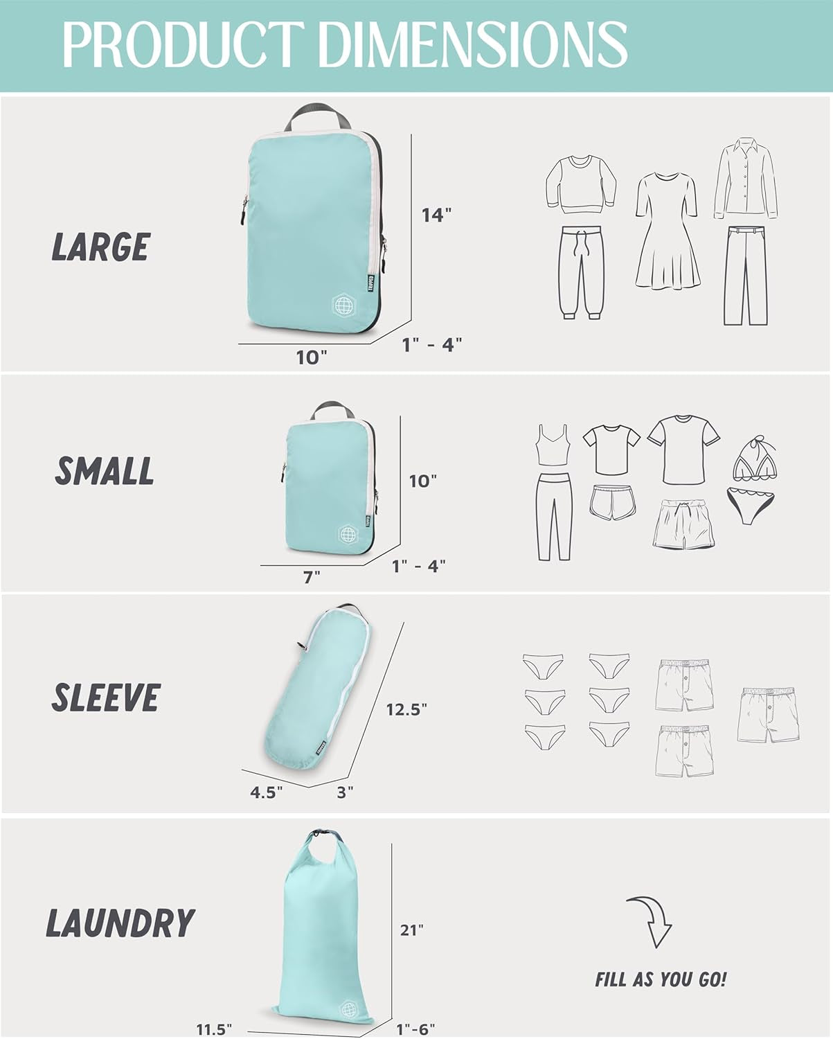 Compression Packing Cubes Set - 6-Piece Lightweight Organizers for Travel, Ideal for Carry-On Luggage and Backpacks (Dusty Teal/White)