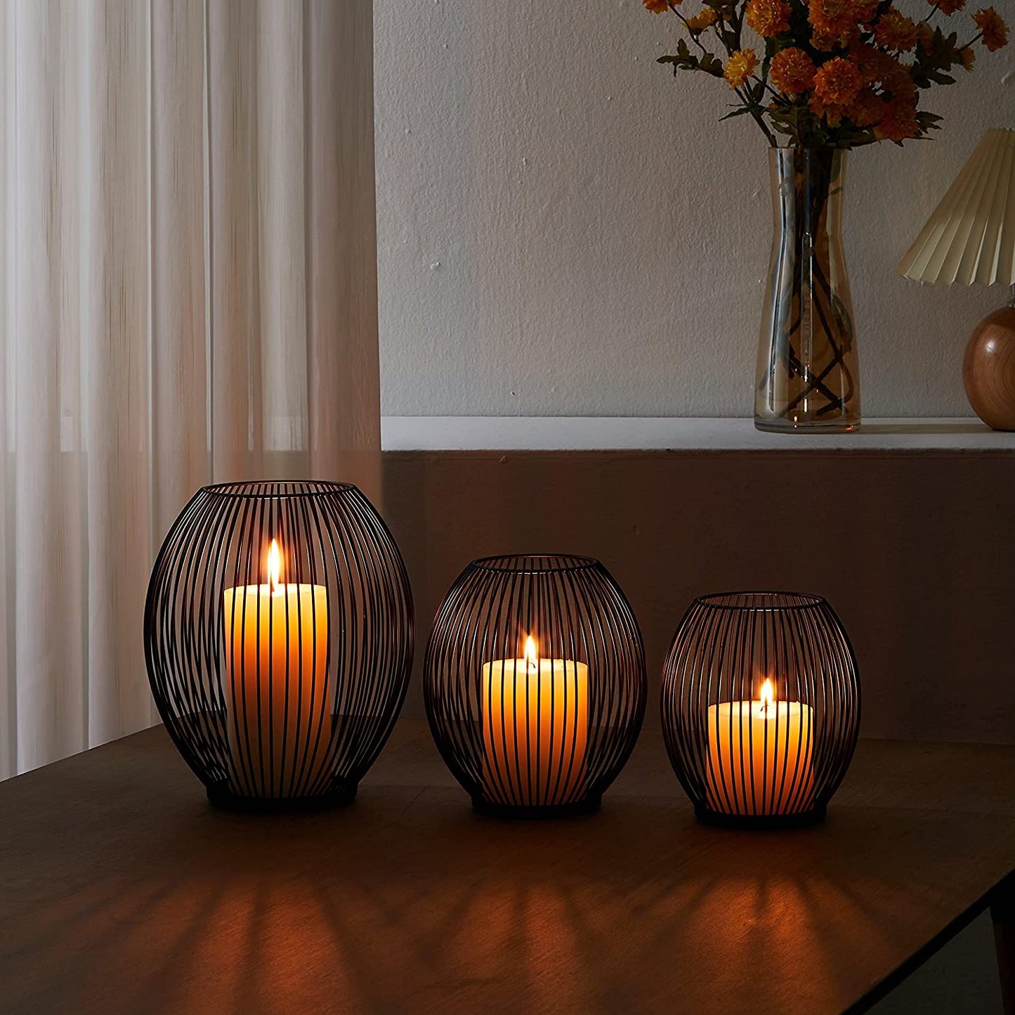 Outdoor Decorative Candle Holder Set - Black Wire Hurricane Holders for Pillar Candles - Elegant Centerpiece for Tables