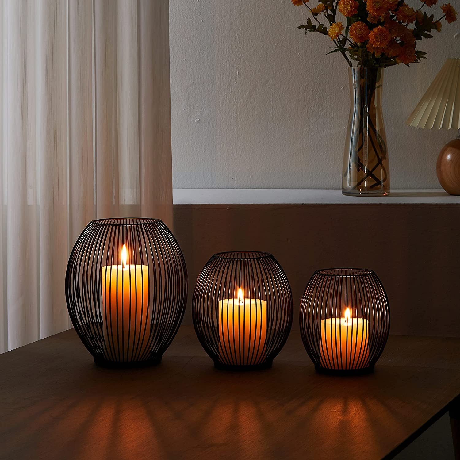 Outdoor Decorative Candle Holder Set - Black Wire Hurricane Holders for Pillar Candles - Elegant Centerpiece for Tables