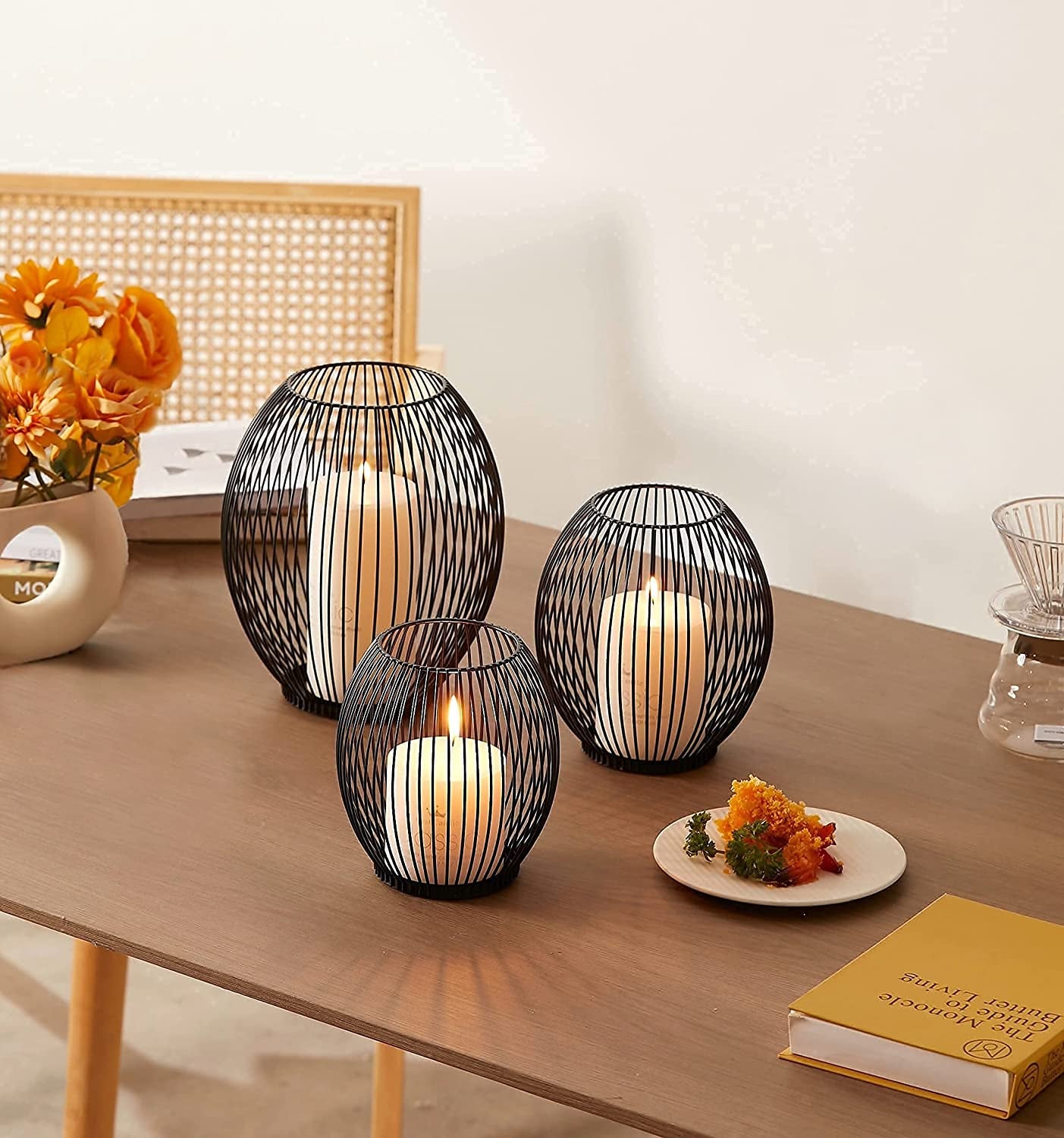Outdoor Decorative Candle Holder Set - Black Wire Hurricane Holders for Pillar Candles - Elegant Centerpiece for Tables