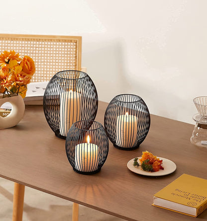 Outdoor Decorative Candle Holder Set - Black Wire Hurricane Holders for Pillar Candles - Elegant Centerpiece for Tables