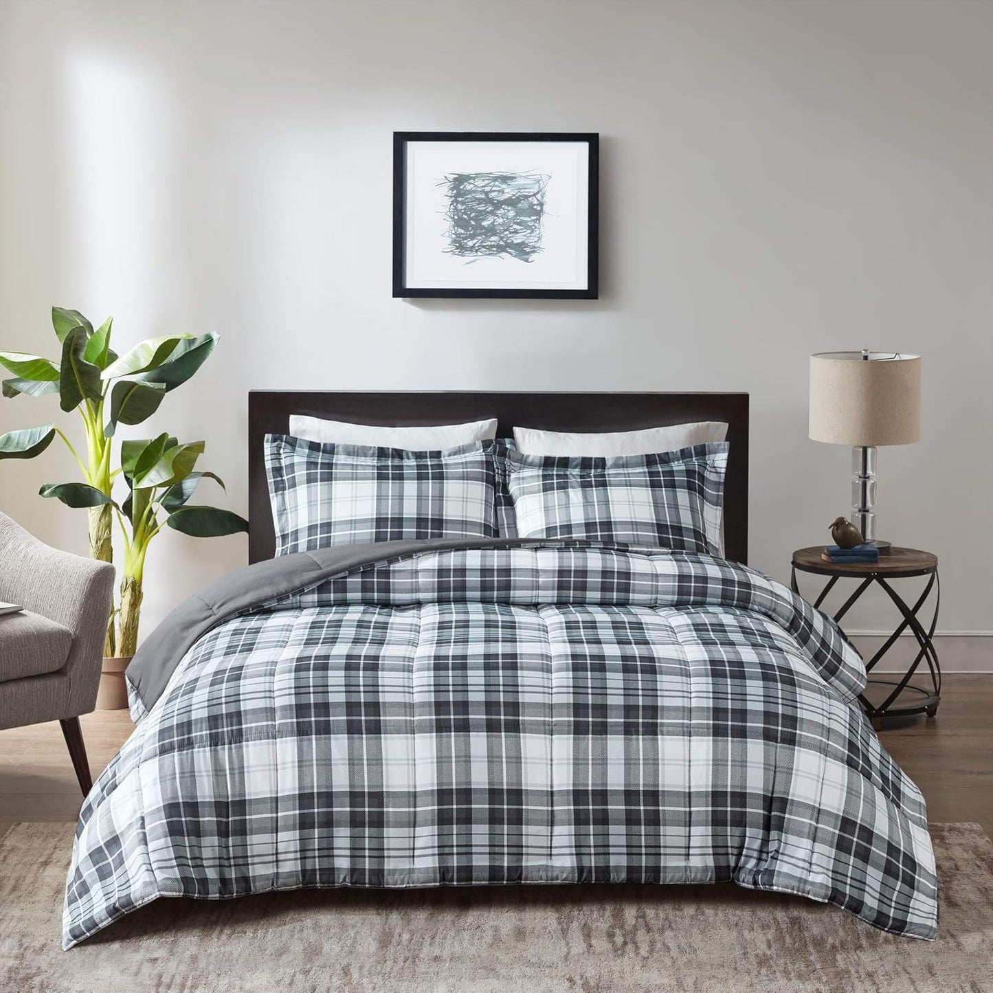 Essentials Parkston Plaid Comforter Set with Matching Sham, 3M Scotchgard Stain Release Technology, Hypoallergenic All-Season Bedding for Full/Queen, Black, 3 Pieces