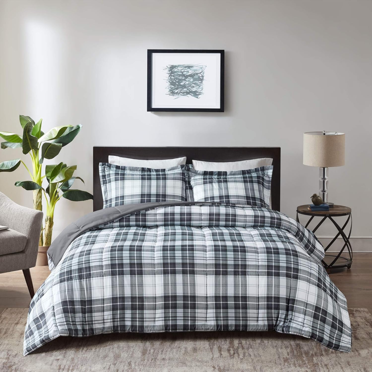 Essentials Parkston Plaid Comforter Set with Matching Sham, 3M Scotchgard Stain Release Technology, Hypoallergenic All-Season Bedding for Full/Queen, Black, 3 Pieces