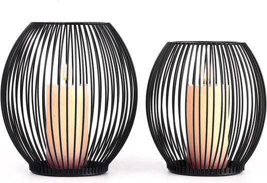 Outdoor Decorative Candle Holder Set - Black Wire Hurricane Holders for Pillar Candles - Elegant Centerpiece for Tables