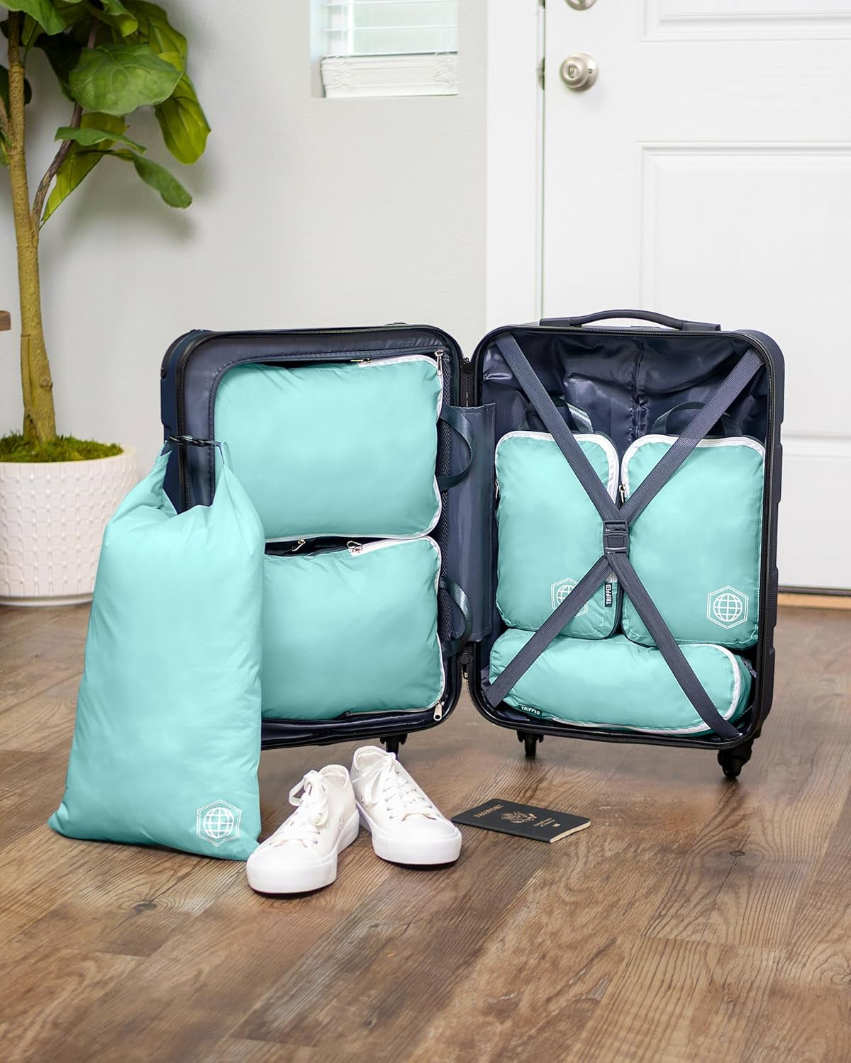 Compression Packing Cubes Set - 6-Piece Lightweight Organizers for Travel, Ideal for Carry-On Luggage and Backpacks (Dusty Teal/White)