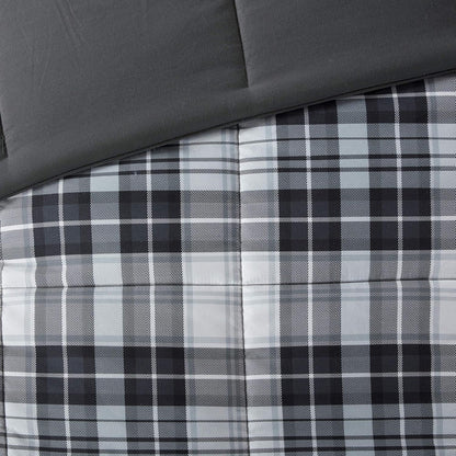 Essentials Parkston Plaid Comforter Set with Matching Sham, 3M Scotchgard Stain Release Technology, Hypoallergenic All-Season Bedding for Full/Queen, Black, 3 Pieces