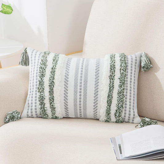 Summer Decorative Boho Throw Pillow Cover 12X20, Lumbar Accent Neutral Textured Tufted Pillow Cover Striped for Couch Bed Sofa, Green and Cream White, Pack of 1