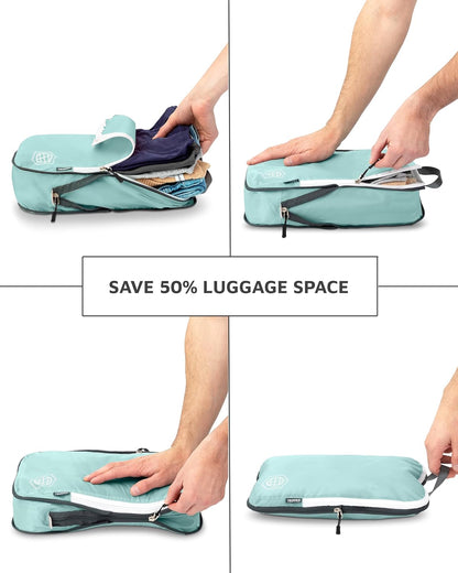 Compression Packing Cubes Set - 6-Piece Lightweight Organizers for Travel, Ideal for Carry-On Luggage and Backpacks (Dusty Teal/White)