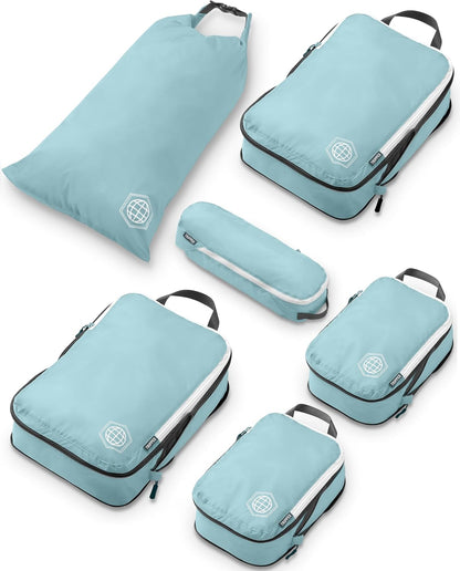 Compression Packing Cubes Set - 6-Piece Lightweight Organizers for Travel, Ideal for Carry-On Luggage and Backpacks (Dusty Teal/White)