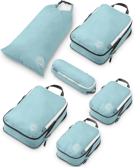 Compression Packing Cubes Set - 6-Piece Lightweight Organizers for Travel, Ideal for Carry-On Luggage and Backpacks (Dusty Teal/White)