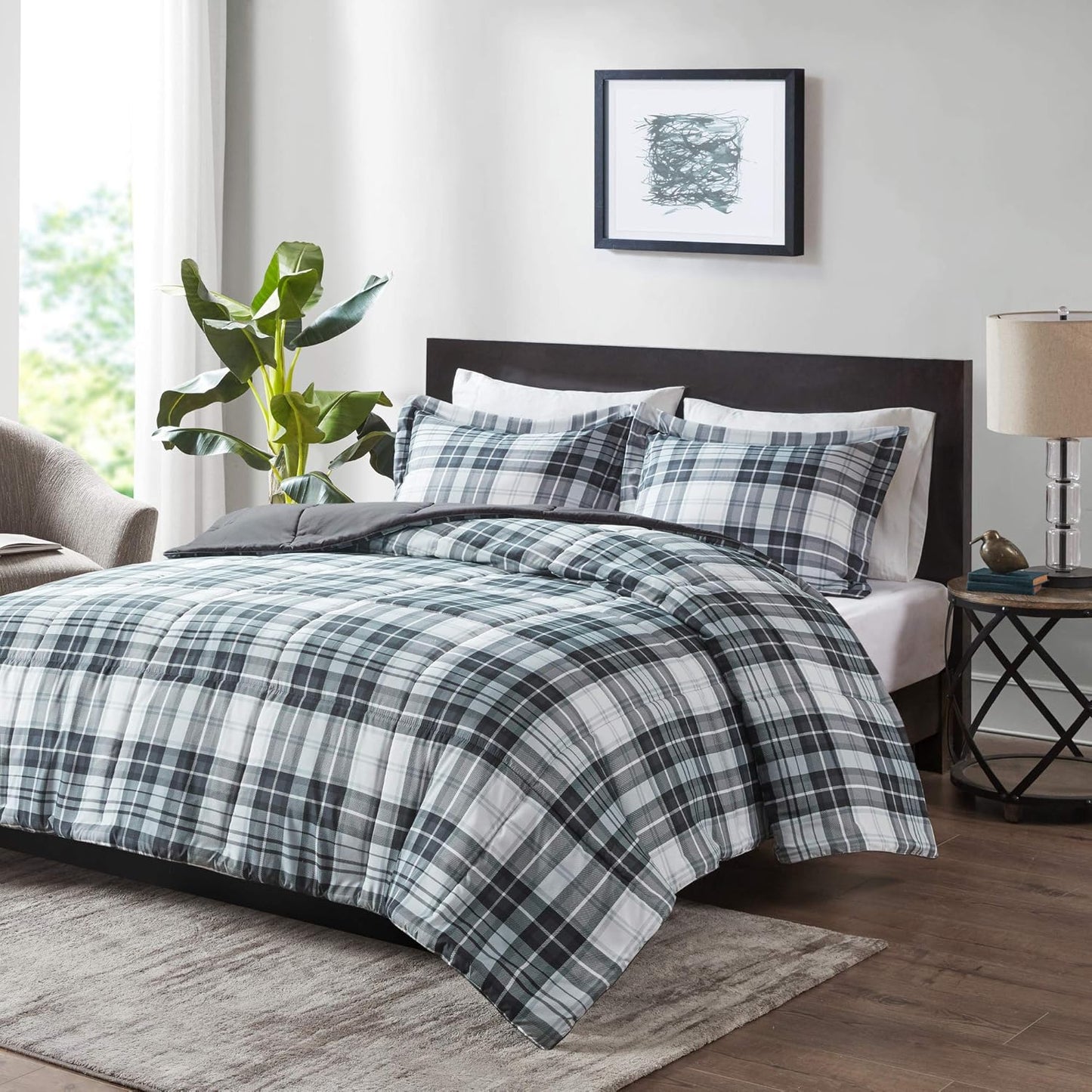 Essentials Parkston Plaid Comforter Set with Matching Sham, 3M Scotchgard Stain Release Technology, Hypoallergenic All-Season Bedding for Full/Queen, Black, 3 Pieces