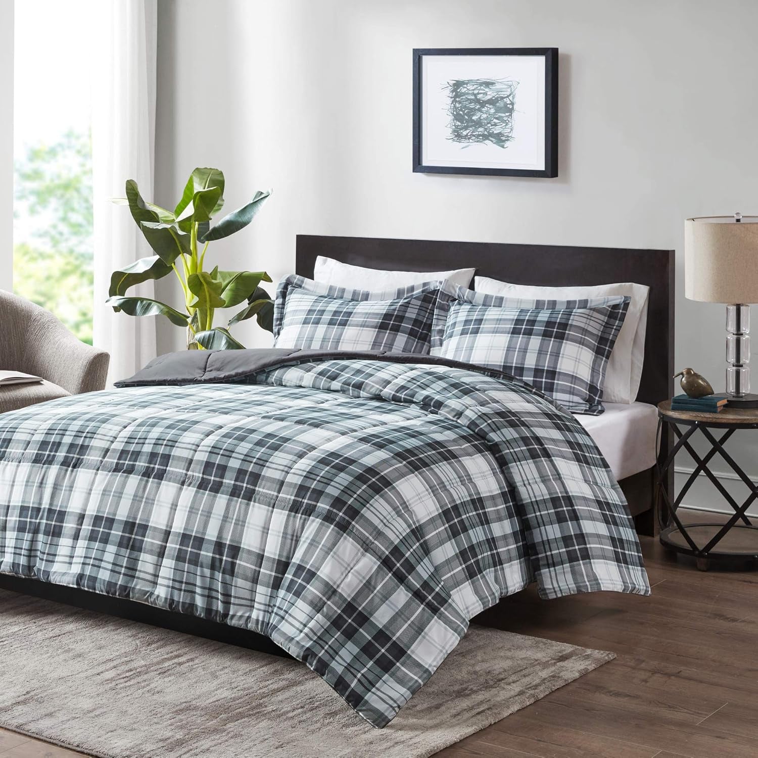 Essentials Parkston Plaid Comforter Set with Matching Sham, 3M Scotchgard Stain Release Technology, Hypoallergenic All-Season Bedding for Full/Queen, Black, 3 Pieces
