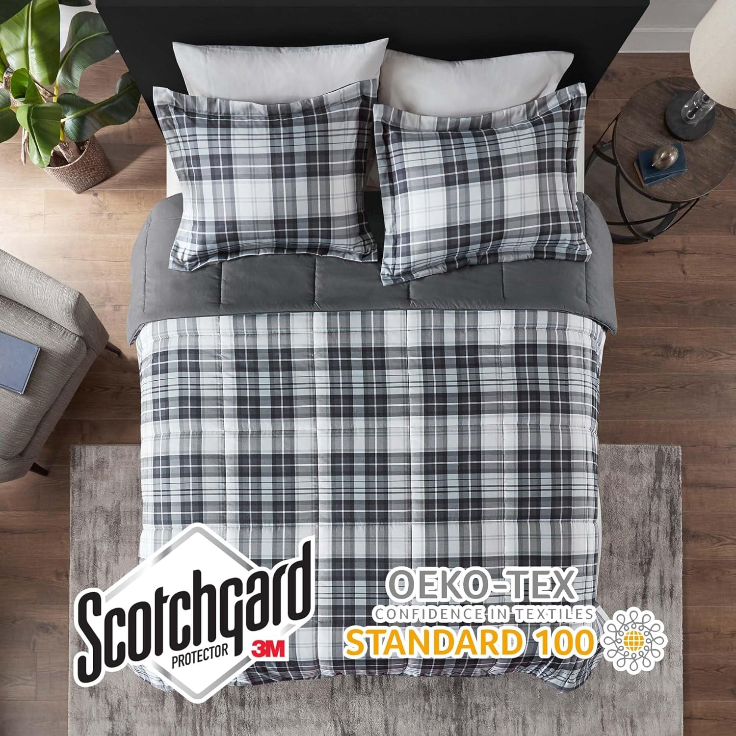 Essentials Parkston Plaid Comforter Set with Matching Sham, 3M Scotchgard Stain Release Technology, Hypoallergenic All-Season Bedding for Full/Queen, Black, 3 Pieces