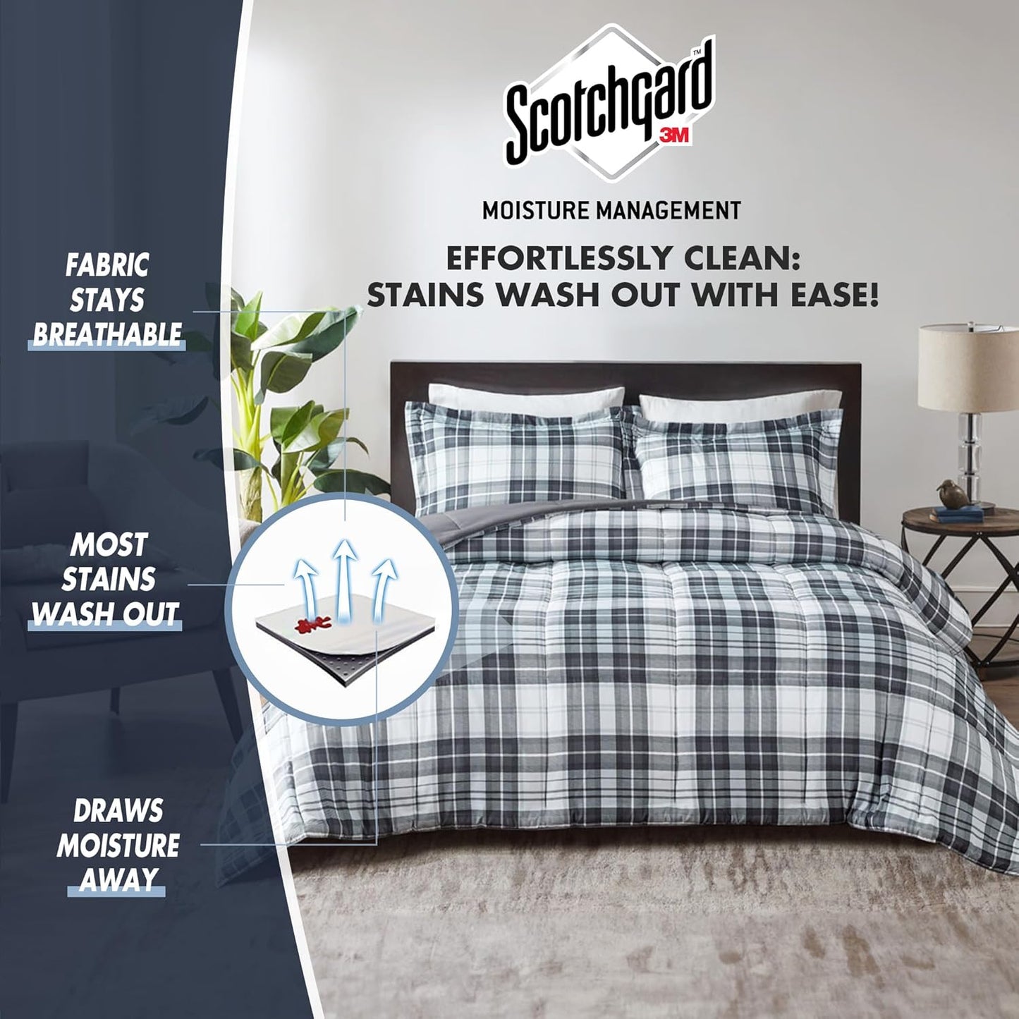 Essentials Parkston Plaid Comforter Set with Matching Sham, 3M Scotchgard Stain Release Technology, Hypoallergenic All-Season Bedding for Full/Queen, Black, 3 Pieces