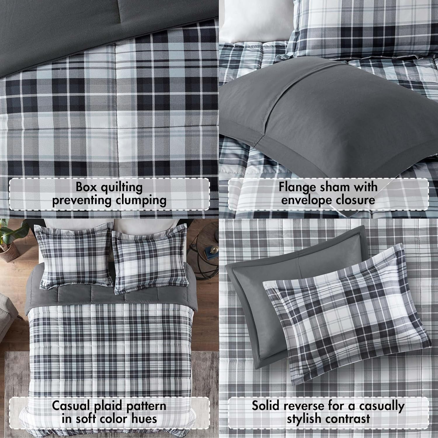 Essentials Parkston Plaid Comforter Set with Matching Sham, 3M Scotchgard Stain Release Technology, Hypoallergenic All-Season Bedding for Full/Queen, Black, 3 Pieces