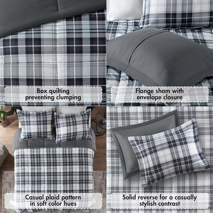 Essentials Parkston Plaid Comforter Set with Matching Sham, 3M Scotchgard Stain Release Technology, Hypoallergenic All-Season Bedding for Full/Queen, Black, 3 Pieces