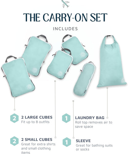 Compression Packing Cubes Set - 6-Piece Lightweight Organizers for Travel, Ideal for Carry-On Luggage and Backpacks (Dusty Teal/White)
