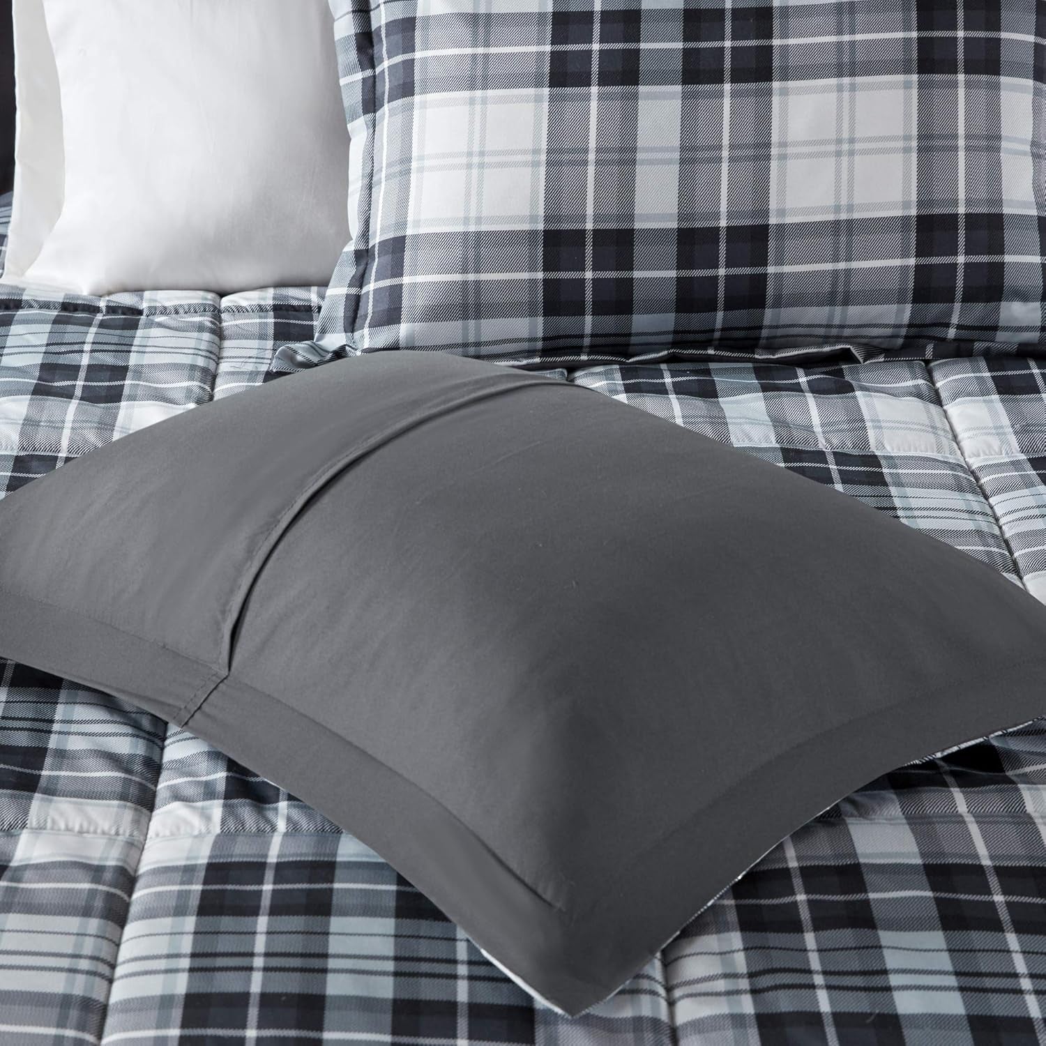 Essentials Parkston Plaid Comforter Set with Matching Sham, 3M Scotchgard Stain Release Technology, Hypoallergenic All-Season Bedding for Full/Queen, Black, 3 Pieces