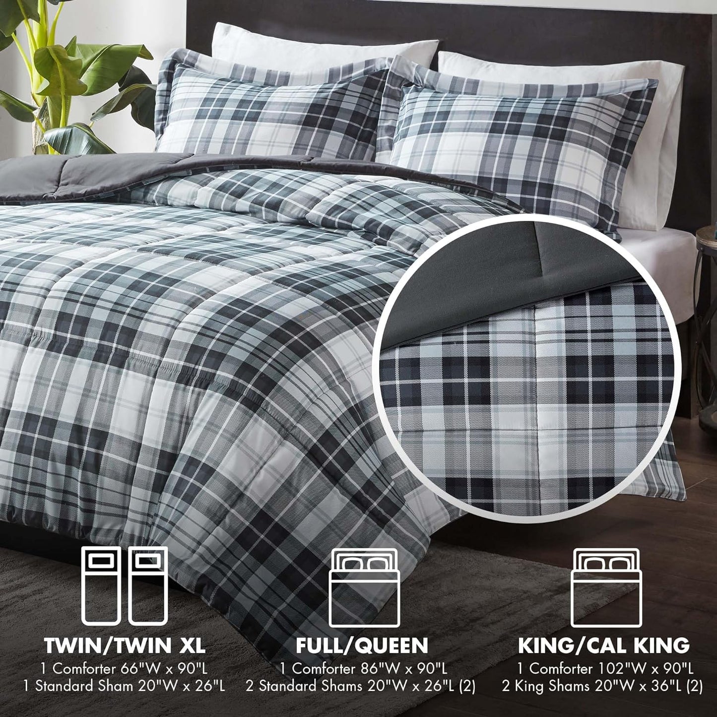 Essentials Parkston Plaid Comforter Set with Matching Sham, 3M Scotchgard Stain Release Technology, Hypoallergenic All-Season Bedding for Full/Queen, Black, 3 Pieces