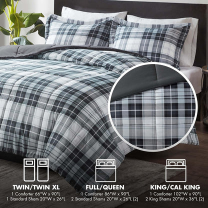 Essentials Parkston Plaid Comforter Set with Matching Sham, 3M Scotchgard Stain Release Technology, Hypoallergenic All-Season Bedding for Full/Queen, Black, 3 Pieces