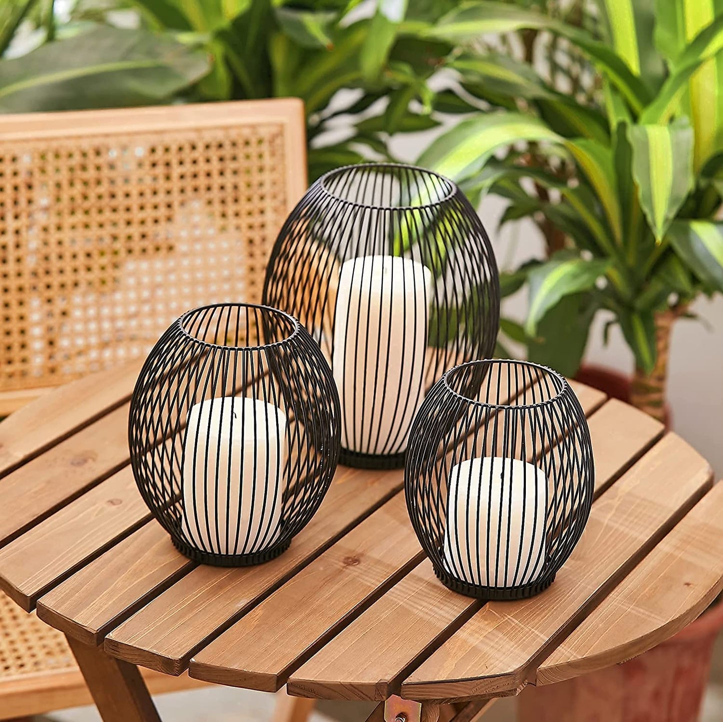 Outdoor Decorative Candle Holder Set - Black Wire Hurricane Holders for Pillar Candles - Elegant Centerpiece for Tables