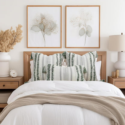 Summer Decorative Boho Throw Pillow Cover 12X20, Lumbar Accent Neutral Textured Tufted Pillow Cover Striped for Couch Bed Sofa, Green and Cream White, Pack of 1