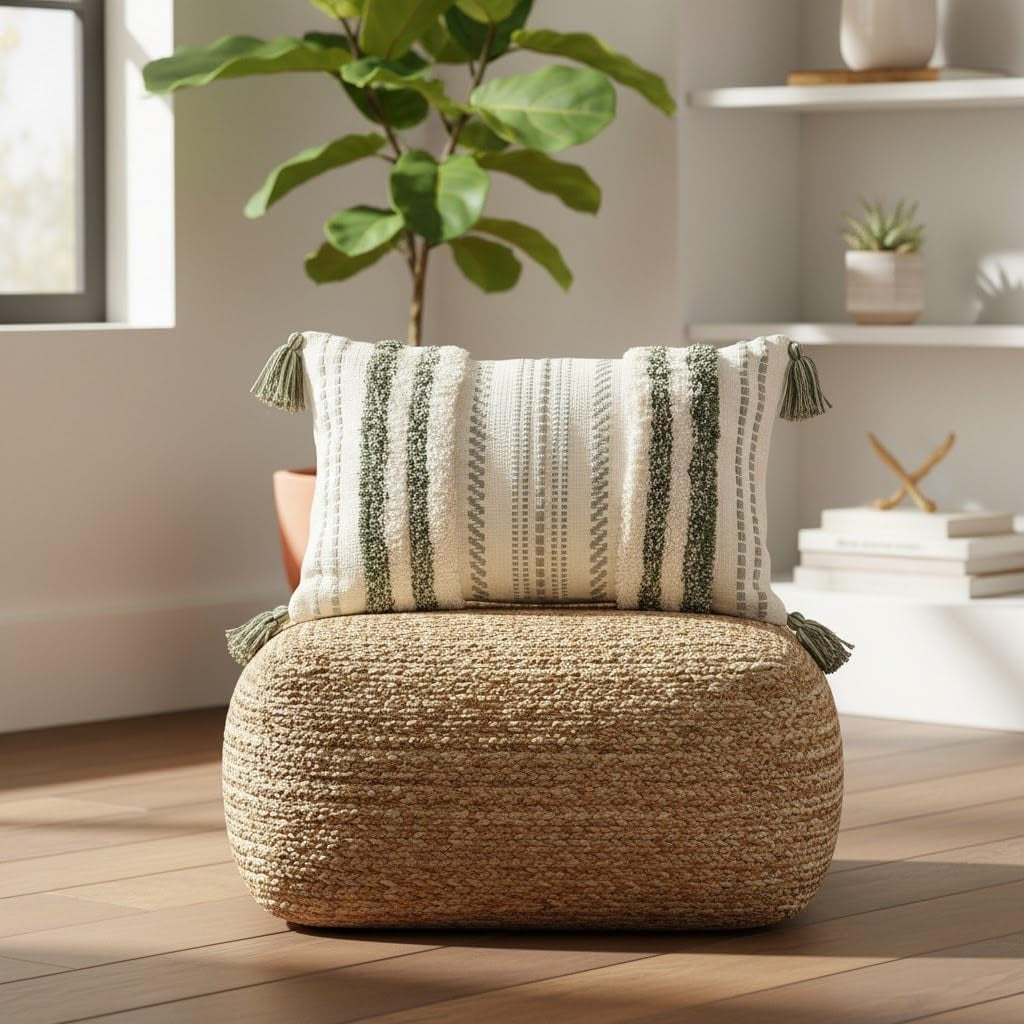 Summer Decorative Boho Throw Pillow Cover 12X20, Lumbar Accent Neutral Textured Tufted Pillow Cover Striped for Couch Bed Sofa, Green and Cream White, Pack of 1