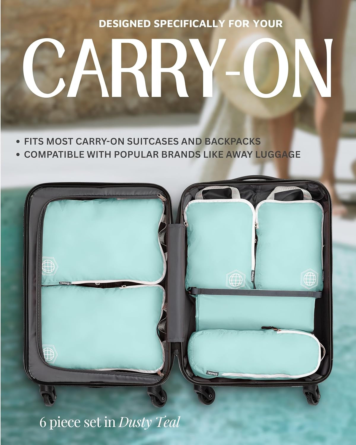 Compression Packing Cubes Set - 6-Piece Lightweight Organizers for Travel, Ideal for Carry-On Luggage and Backpacks (Dusty Teal/White)