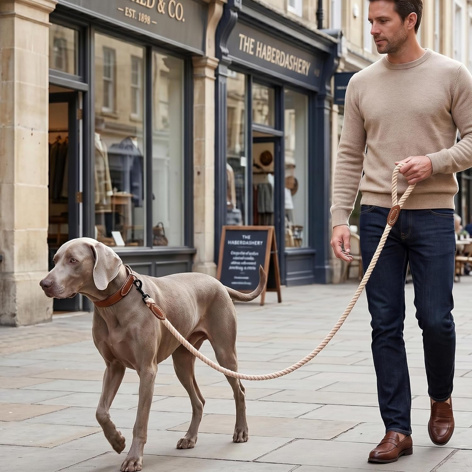 Dog Leash, Braided Cotton Rope Leashes with Leather Tip - Heavy Duty Metal Clasp, 6FT, 1/2" Thick - Wedding, Walking & Training Leash for Small Medium Large Dogs (Light Brown)